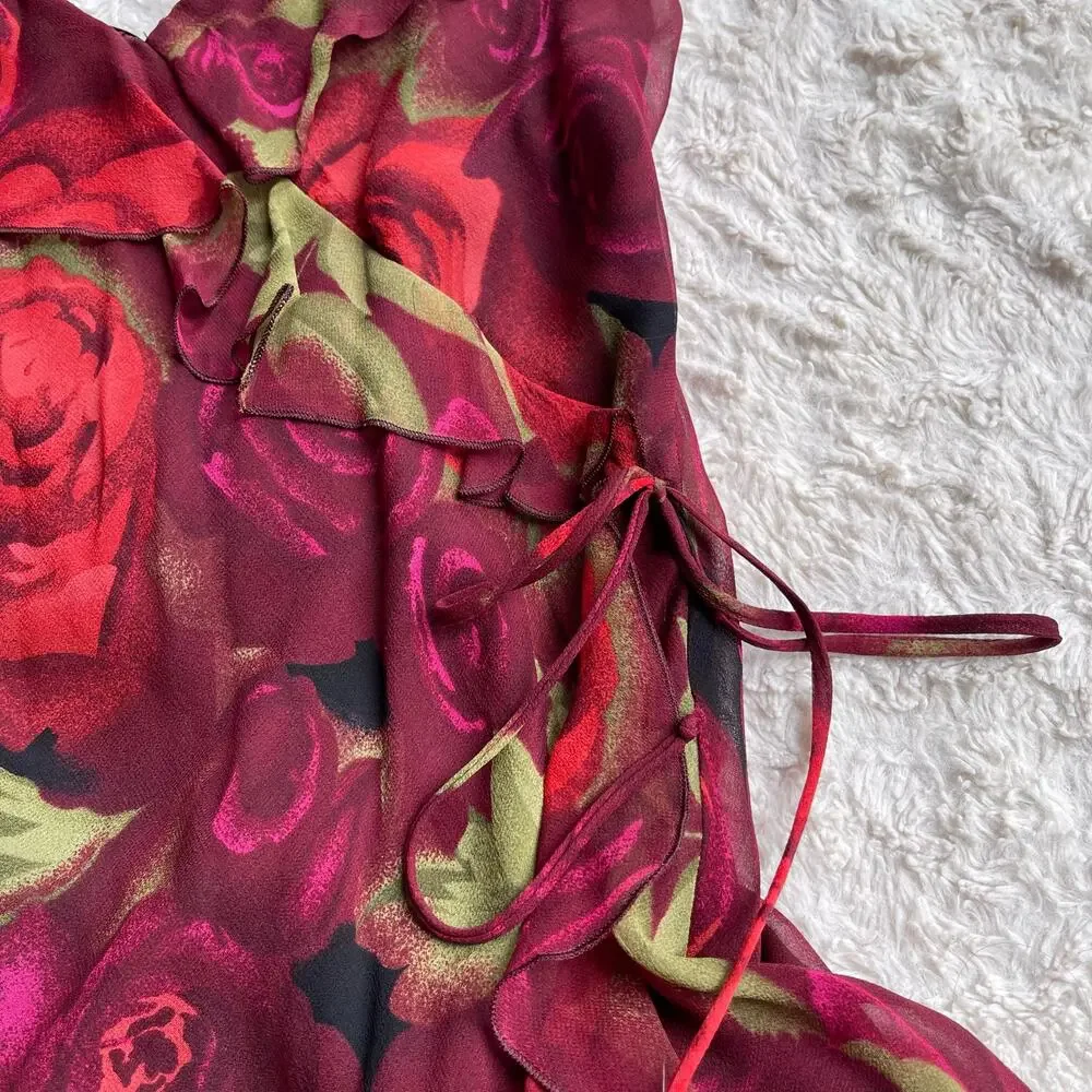 bebe 100% silk‎ rose floral print halter slip dress slipdress fairy roses red S